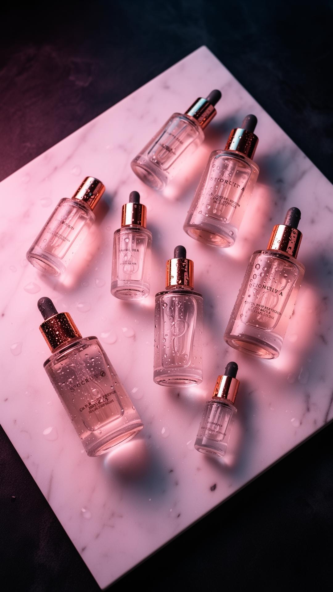 Luxury skincare products in soft pink rose gold lighting